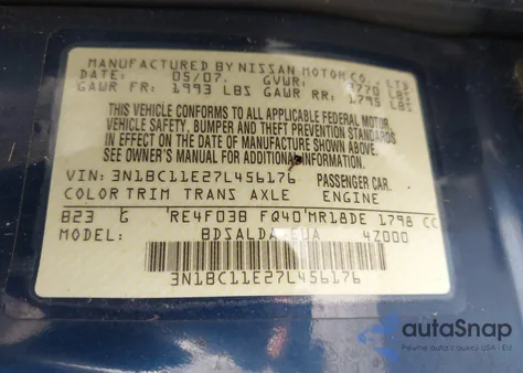 2007 Nissan Versa 1.8S из США, поврежденный, VIN 3N1BC11E27L456176